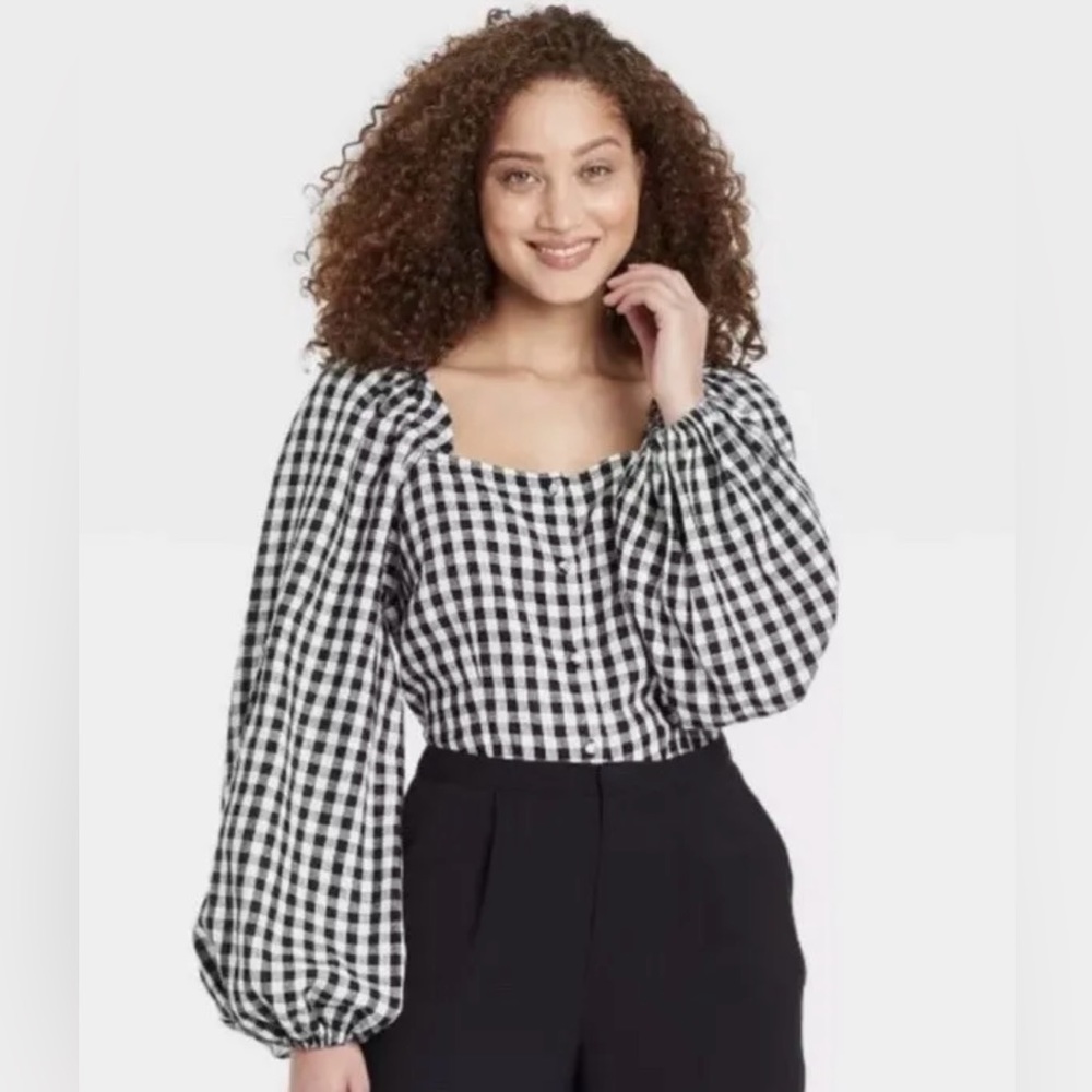 Black Gingham Puff Sleeve Blouse